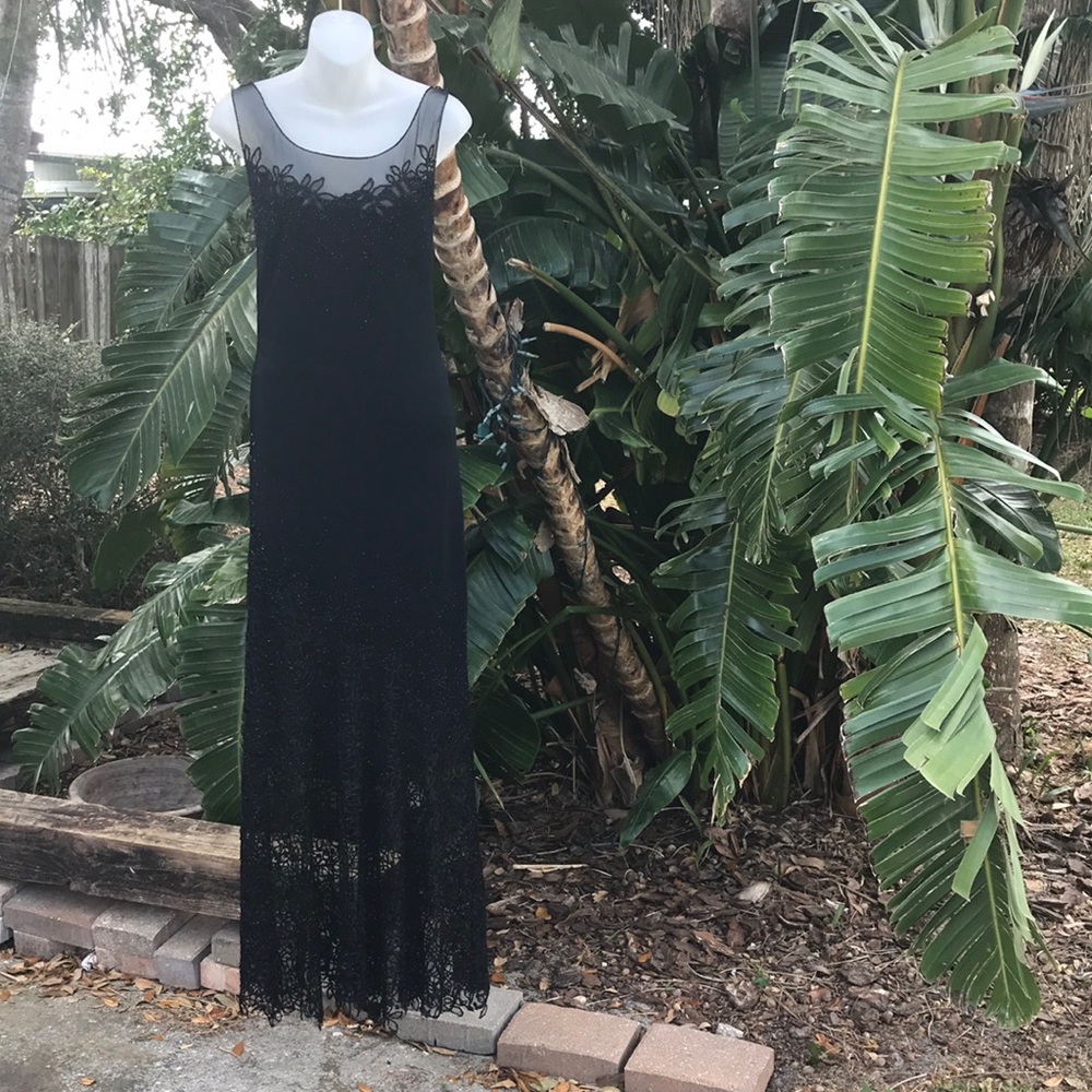 beaded column dress with asymmetric Sheer Hem
